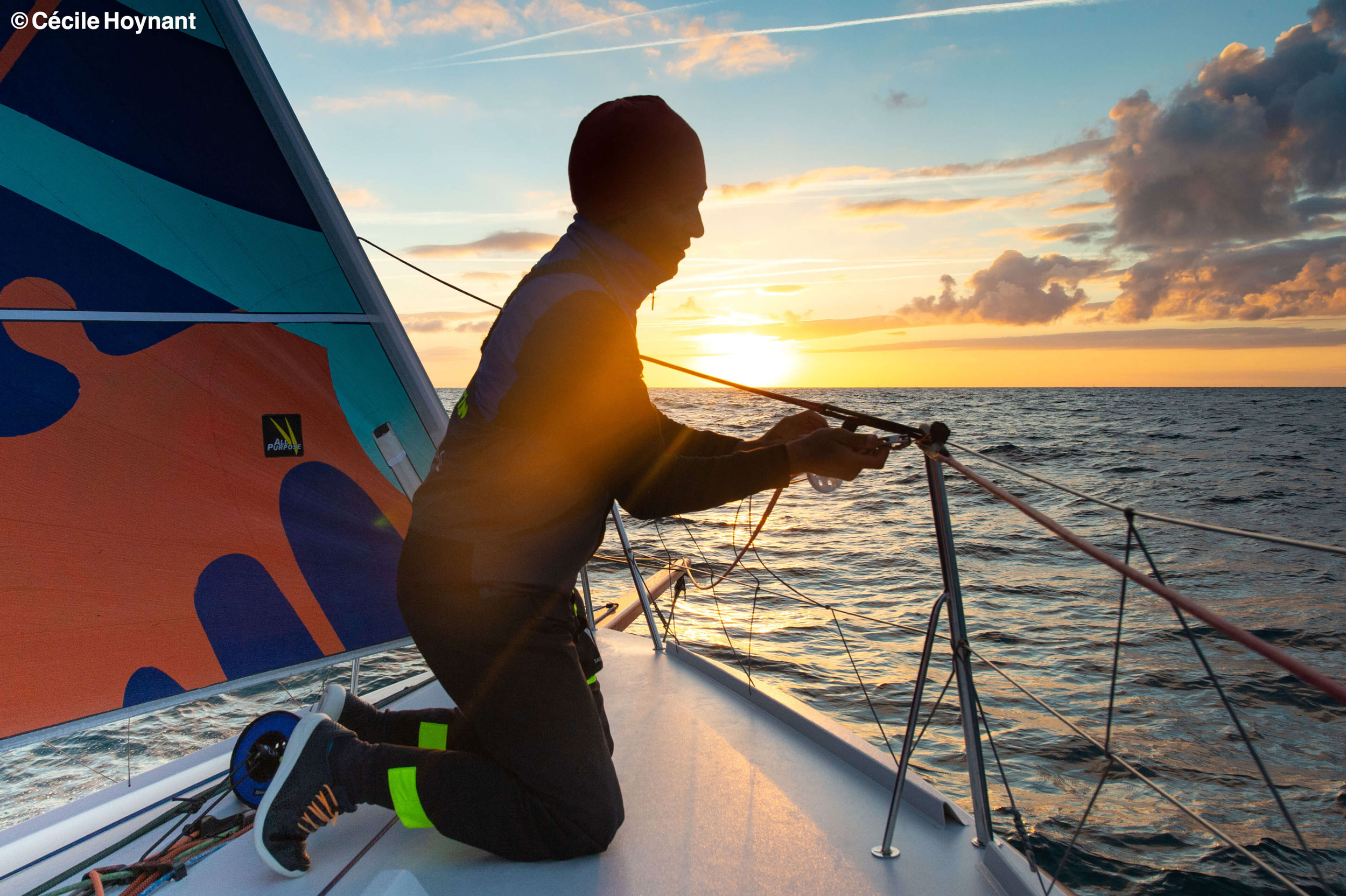 course au large, navigateur en solitaire, Stan Thuret, skipper, Route du Rhum, transatlantique, Class 40, manœuvres, coucher de soleil