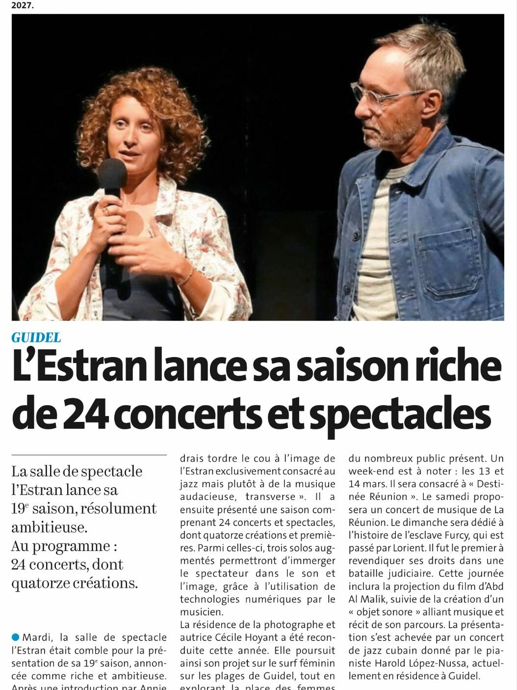 Article du Télégramme du 11 septembre 2026 sur la saison de L'Estran à Guidel et la résidence de Cécile Hoynant